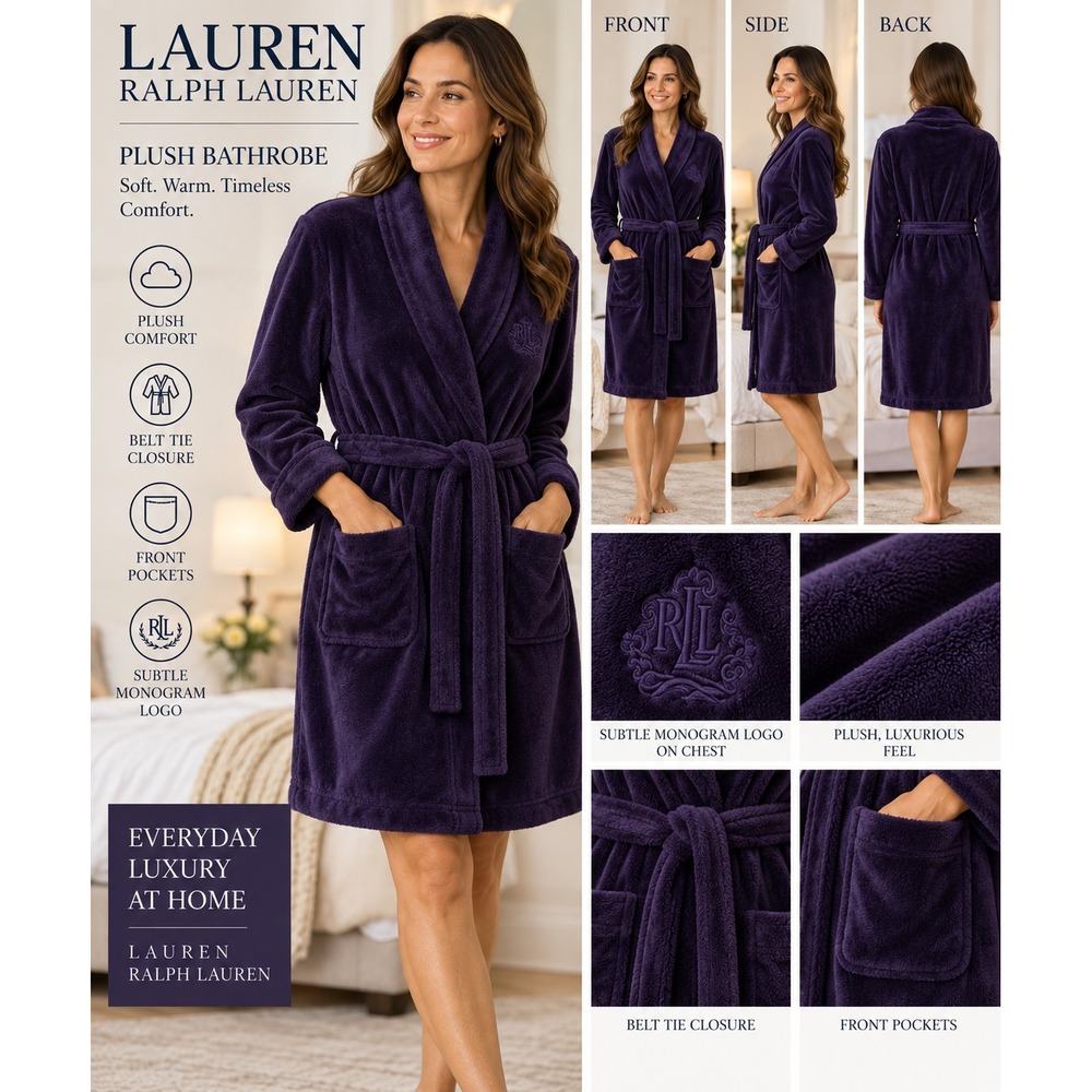 Lauren Ralph Lauren L Purple Plush Fleece Bathrobe Shawl Collar Monogram